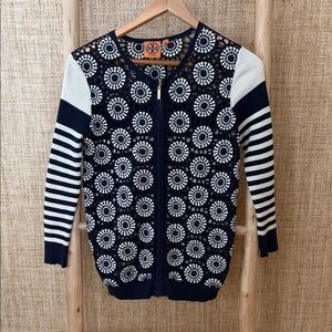 Tory Burch Navy and White Patterned Cardigan